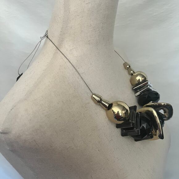 Bebe Chunky Statement 19" Necklace Black Gold Silver Geometric Wire chain New - Picture 7 of 11